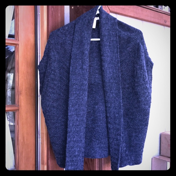 Tulle sleeveless ribbed chunky knit gray blue wrap open front cardigan sweater - Picture 11 of 11